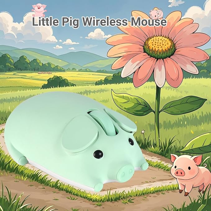 Cute Pig Design Wireless Mouse - Dual Mode Bluetooth & USB, Silent Operation, Ergonomic, Ideal for Laptops & PCs, for Animal Lovers and Family (Green)