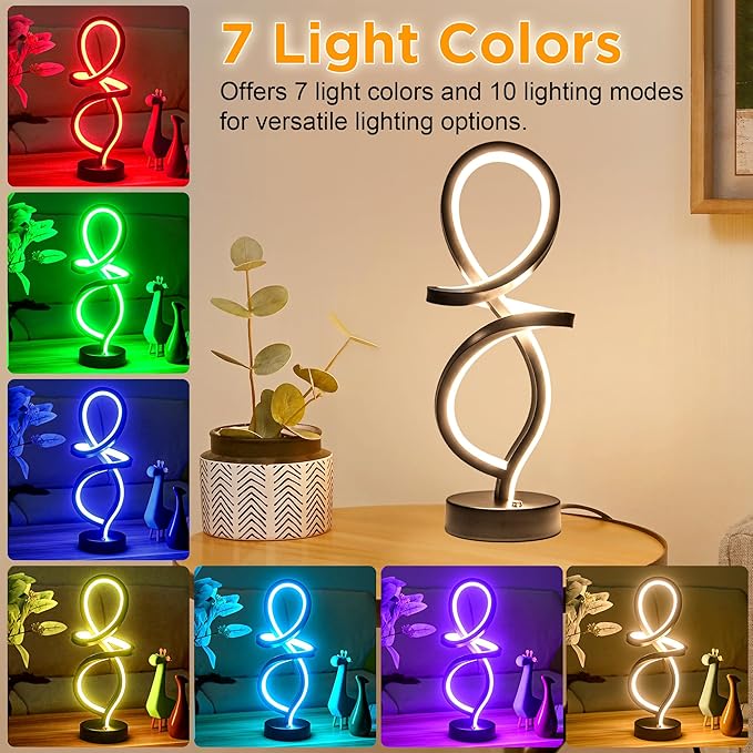 Mayful Modern RGB Table Lamp with LED Spiral Design, Black Bedside Lamp & Nightstand Lamp, Touch Dimmable with 7 Colors & 10 Modes for Bedroom, Living Room, Home Office, 15W