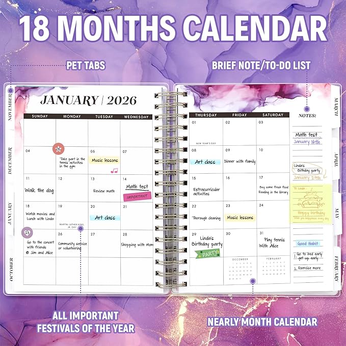 Planner 2025-2026, Large 18 Months Academic Daily Weekly Monthly Planner Yearly Agenda July. 2025–Dec. 2026, 7.9" x 9.8", Page Tabs, Separator Page, Pocket Folder, Bookmark, Stickers, Sticky Note Set