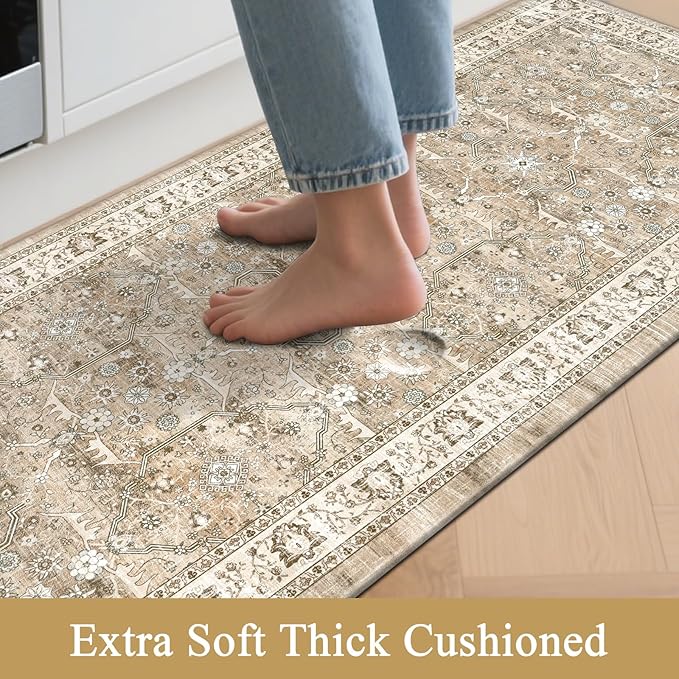 Pauwer Anti Fatigue Kitchen Mat Set of 3 Non Slip Kitchen Mats for Floor Cushioned Kitchen Rugs Comfort Standing Mat Farmhouse Waterproof PVC Foam Kitchen Floor Mat Runner, Beige