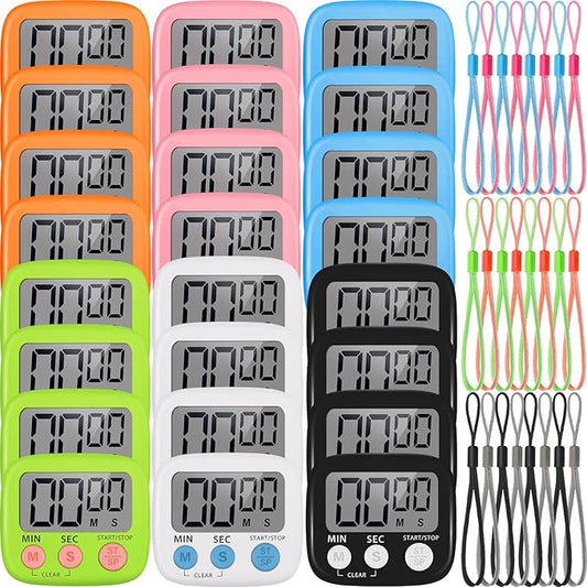 Weewooday 24 Packs Small Digital Kitchen Timer Magnetic Back and Switch Minute Second Count up Countdown Big LCD Display Loud Alarm for Teacher Cooking Baking(Colorful)