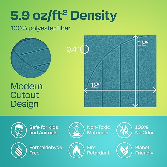 Acoustic Panels 12-Pack Soundproof Wall Panels 12"x12"x0.4" Decorative Sound Dampening for your Home, Office, Studio, Bedroom & More with Unique ModuArc Carving [Light Turquoise]