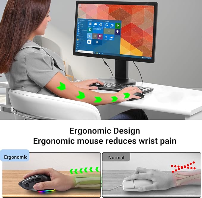 Ergonomic Mouse,Bluetooth Vertical Wireless Mouse,LED Rechargeable Optical Computer Mice, Portable(BT5.2 or USB 2.4GHz) Dual Mode,1000/1600/2400 DPI,8 Buttons for Laptop,Desktop,PC,Macbook (grey)