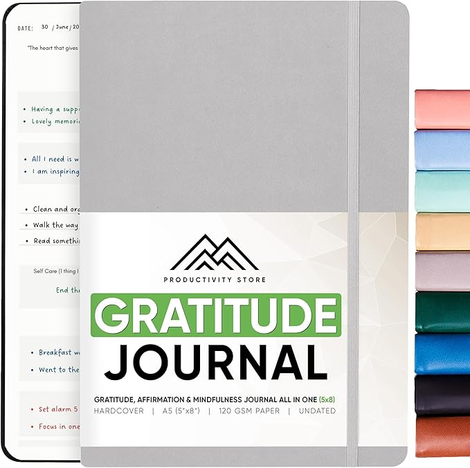 PRODUCTIVITY STORE Gratitude Journal & Self Care Journal - Guided Journal, Mindfulness Journal & Mental Health Journal All-In-One - Premium Daily Journal For Women & Men - A5 5.8" x 8.3" - Grey