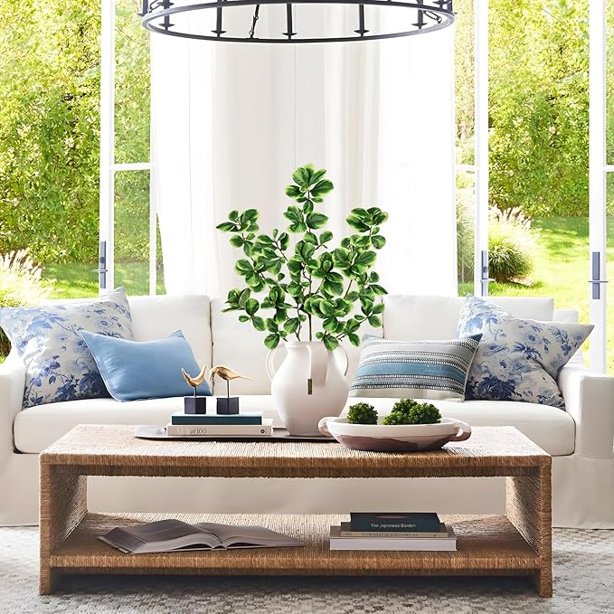 Hollyone 3 Packs Artificial Greenery Stems 36.2 Inch Faux Stems White Edged Leaves with Long Stems Fake Branches Greenery Stem for Vase Garden Home Office Wedding Decoration