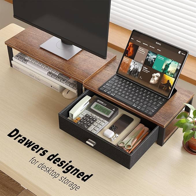 WOHOMO Dual Monitor Stand Riser with Drawers, Desk Organizers for 2 Monitors, Desktop Storage Stand for Computer,Laptop,Walnut