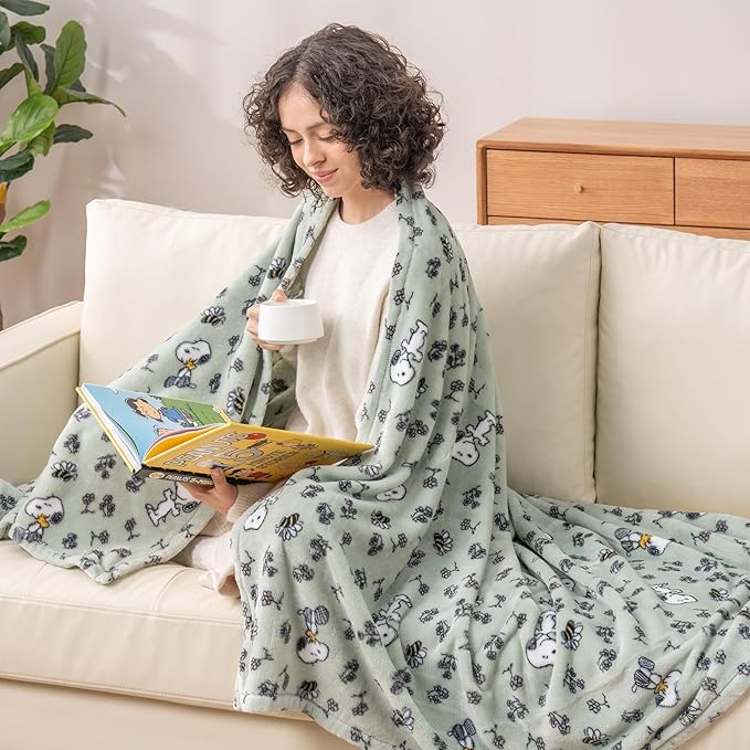 Berkshire Blanket Peanuts® VelvetLoft® Cute Character Snoopy Plush Throw Blanket,Peanuts Snoopy & Woodstock New Flower and Bees Sage,Throw 55 in x 70 in (Official Peanuts® Product)