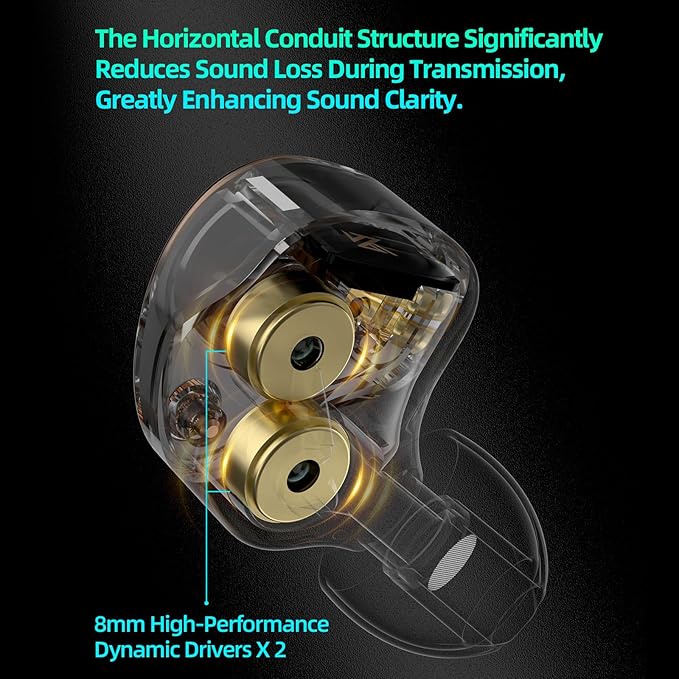 KZ Taurus in Ear Monitor IEM Earbuds, Dual 8mm Dynamic Drivers for Powerful Bass in Ear Headphones, Comfortable Fit iems for Gaming, 2-Pin Gold-Plated Wired Earbuds for Singers (Clear, with Mic)