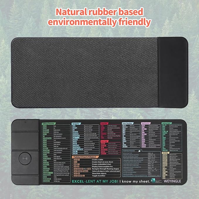 Wireless Charging Mouse Pad with Foldable Phone Stand &Excel Shortcut Keys 15W Qi Fast Charging Desk Mat XXL Non-Slip Surface for Gaming/Office, Compatible with Qi-Enabled Phones (31.5x11.8x0.16inch)