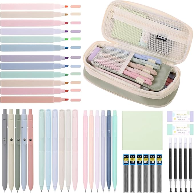 SKYDUE Cute School Supplies 44 PCS, Aesthetic Pencil Case with 12 Pastel Highlighters, 5 Black Gel Pens, 6 Color Gel Pens & Mechanical Pencils, College Essentials Students Stationary Set Green