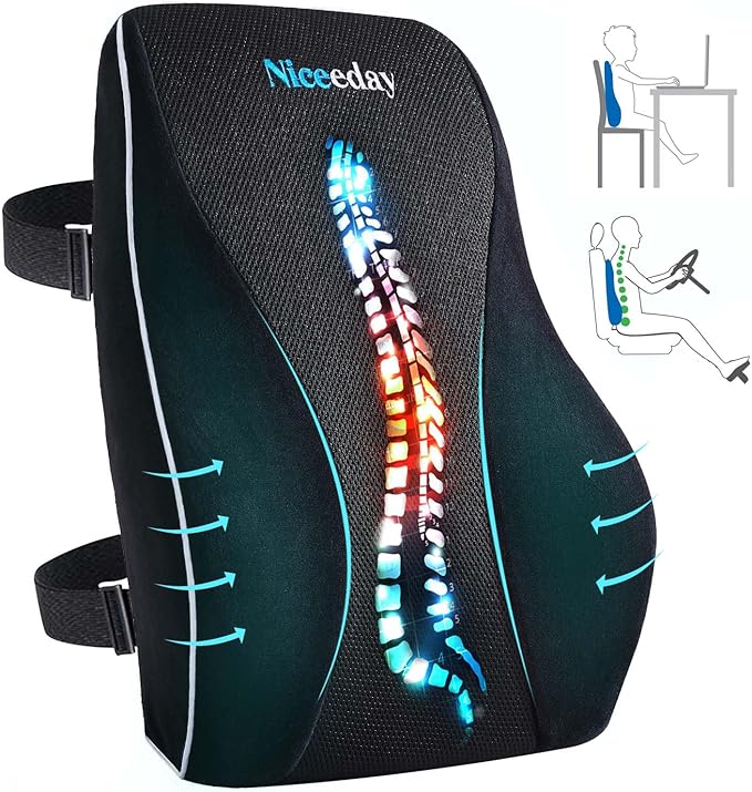 Lumbar Support Pillow for Office Chair Car Back Support Pillow, Memory Foam Gaming Chair Desk Chair Back Cushion for Lower Back Pain Relief, Ergonomic Back Rest with Double Adjustable Straps