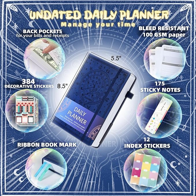 2025 Undated Academic Planner Hardcover (5.5x8.5") - Flexible Weekly & Monthly Organizer with Stickers, Productivity Journal for Students & Professionals(Navy Blue)