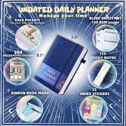 2025 Undated Academic Planner Hardcover (5.5x8.5") - Flexible Weekly & Monthly Organizer with Stickers, Productivity Journal for Students & Professionals(Navy Blue)