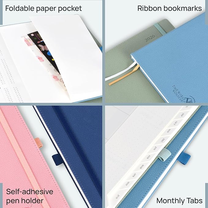 POPRUN 2026 Weekly Planner (Medium 6.75" x 8.75") 12 Months Calendar Notebook with Horizontal Layout, Leather Hardcover, Inner Pocket, 100GSM Thick Paper, Pen Holder - Army Green