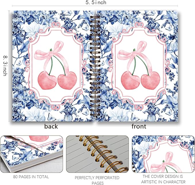 Coquette Blue Bow Notebook Journal,Girly Notebook for Women,Preppy Pink Cherry Notebook Journal,Blue Office Supplies,5.5x8.3 Inch