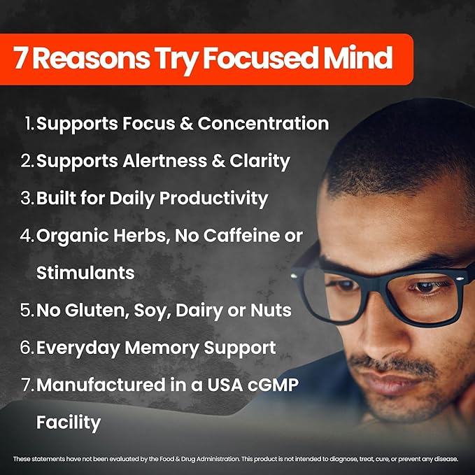 Focused Mind – Daily Brain Supplement for Memory and Focus Support | Nootropic for Concentration, Mental Clarity, and Brain Energy | Cognitive Supplement for Work, School, or Everyday Demands