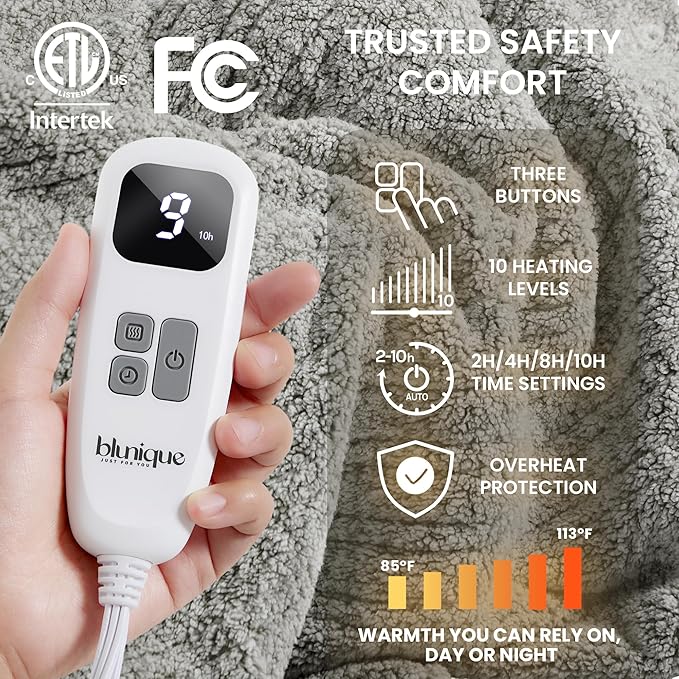 Electric Heated Blanket Full Size 72x84 inches, Fast Heating w/ 10 Heat Settings & 2/4/8/10H Auto Timer, Double-Sided Sherpa, Ultra Soft & Cozy for Couch, Bed, Office, Machine Washable, Light Grey