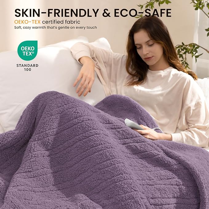 Electric Heated Blanket Queen 84x90 inches, Fast Heating w/ 10 Heat Settings & 2/4/8/10H Auto Timer, Double-Sided Sherpa, Ultra Soft & Cozy for Couch, Bed, Office, Machine Washable，Purple
