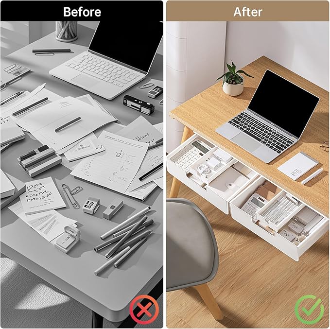 Under Desk Drawer Slide Out Hidden Under Table Storage, White Standing Under Desk Drawers Attachment with 2 Installation Methods (Screw/Adhesive), Large Under Cabinet Drawer for Office/Home