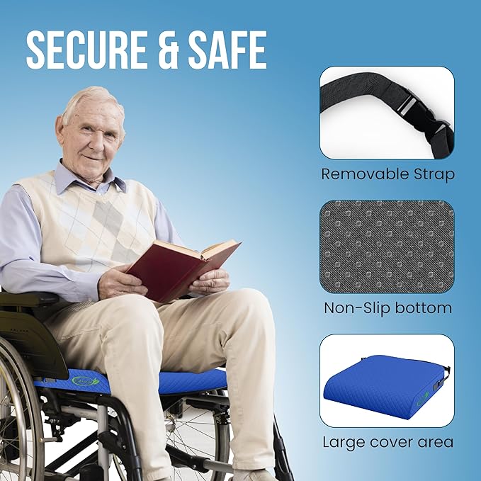 Extra Large Memory Foam Seat Cushion - Wheelchair Cushion Pad, Anti-Slip, Removable Strap, Coccyx Pain Relief, 19” X 17” X 3” (Blue)