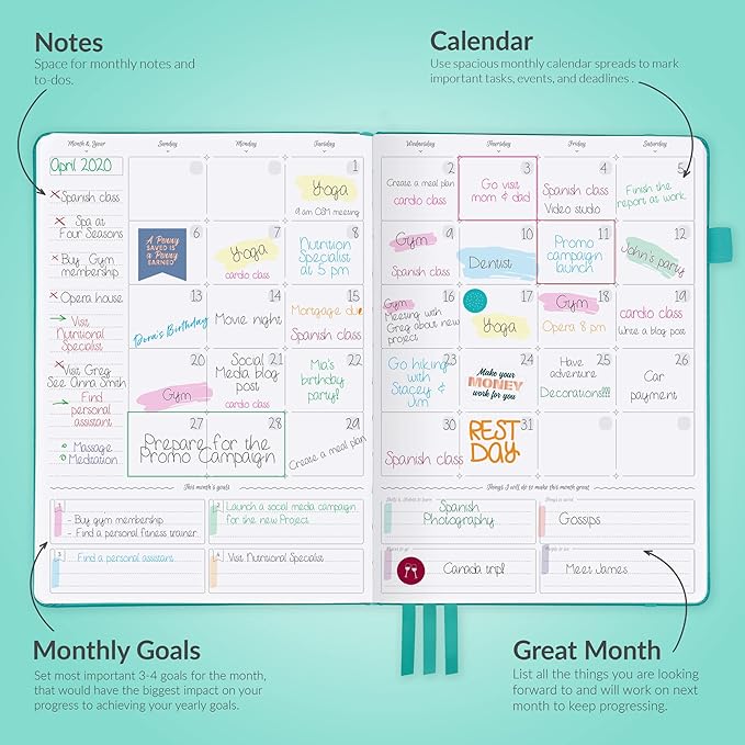 GoGirl Planner PRO - Undated Horizontal Layout Weekly Planner and Organizer + Budgeting and Expense Tracking Pages, Goals Journal & Agenda, 7" x 10" Hardcover, Lasts 1 Year - Turquoise