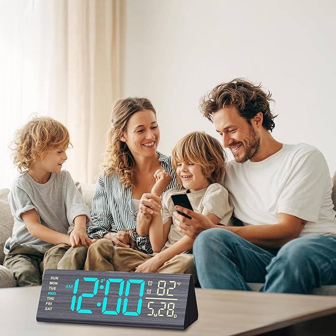 Solid Wood Digital Alarm Clock for Bedroom - 8.8 Inch Large Display for Living Room, See Time Instantly! Multicolor Backlight Time Display, Dual Alarms, Date/Temp/Day, DST, Snooze (Black)