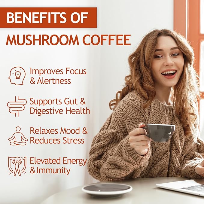 GRGTP Mushroom Coffee - Superfood Blend with 6 Adaptogens (Cordyceps, Lion's Mane, Reishi Other) | Jitter-Free Energy, Enhanced Focus, Digestion & Immunity Support | 45 Servings, Vegan, Gluten Free, Non-GMO | Smooth Flavor