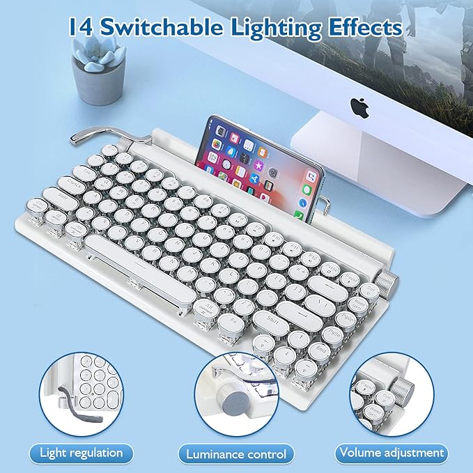 Adventurers Retro Typewriter Keyboard, 75% Layout 83 Keys Wireless Keyboard with Blue Switch,Bluetooth 5.0 and Multi-Device Switching,Vintage Punk Style,Hot-Swappable for PC/Laptops/Mac/ipad-White