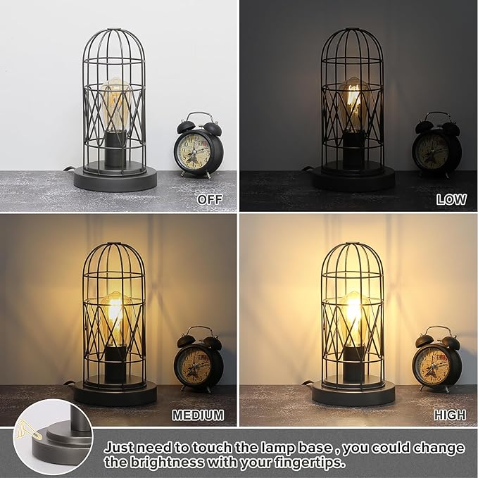 Small Industrial Lamp, Touch Control 3 Way Dimmable Table Lamp, Rustic Iron Steampunk Edison Lamp Vintage Nightstand Lamp Bedside Light for Bedroom Living Room, Corner, Hallway, LED Bulb Included