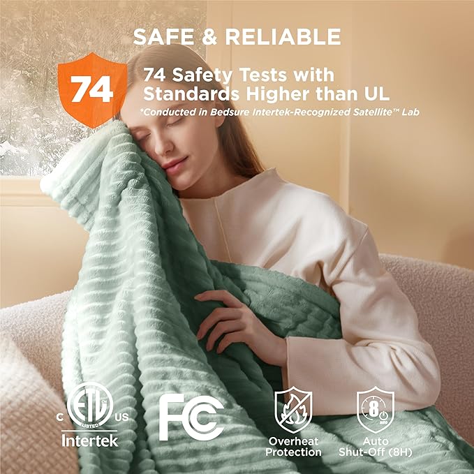 Bedsure GentleSoft Electric Blanket Twin - Soft Ribbed Flannel Heated Blanket, Heating with 10 Time Settings, 6 Heat Settings, and 8 hrs Timer Auto Shut Off, Gifts for Grandma (62x84 inches, Green)