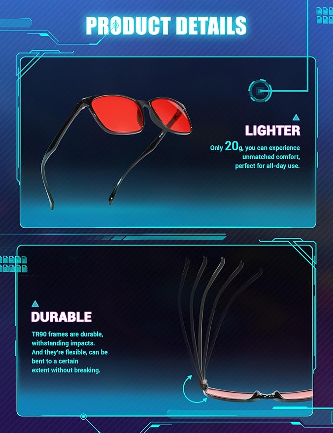 TIJN Sleep Glasses for 99.9% Blue Green Light Blocking for Women Men Dual AR Coating Red Lens for Computer Gaming, TR90