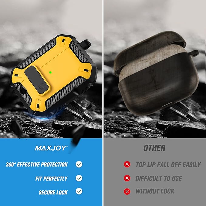 Maxjoy for AirPods Pro Case Cover with Lock, AirPods Pro 1st Generation Case for Men Military Rugged Protective Cover with Keychain Compatible with Apple AirPod Pros 2019 Front LED Visible, Yellow