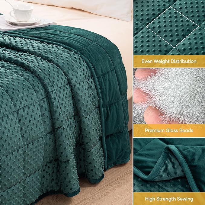 Wemore Minky Dot Weighted Blanket for Adults Twin Size 15 lb, Soft Heavy Blanket for Stress Relief and Sleep Promotion, Breathable Blanket for All-Season with Glass Beads, Dark Green 48 x 72 inches