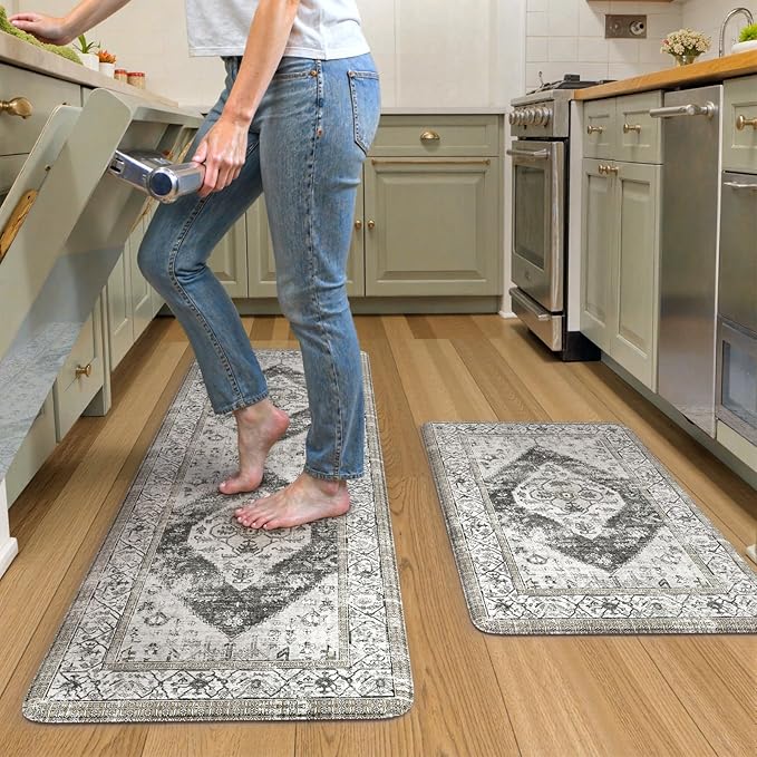 KIMODE Kitchen Mat for Floor Anti Fatigue Cushioned, 20"x59"+20"x32" Boho Oriental Kitchen Runner Rug, Non Skid Padded Kitchen Floor Mat, Comfort Standing Desk Mats for Laundry Office Sink Grey
