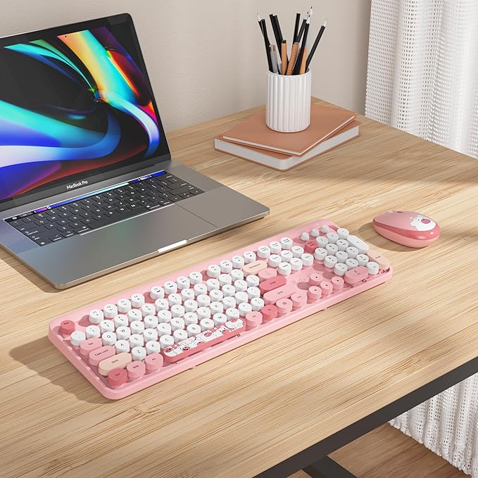 GTSP Pink Typewriter Keyboard Wireless Mouse Combo, Cute Keyboard 2.4G Office Full-Sized Retro with Round Keycaps for Laptop PC Desktops（Pink）