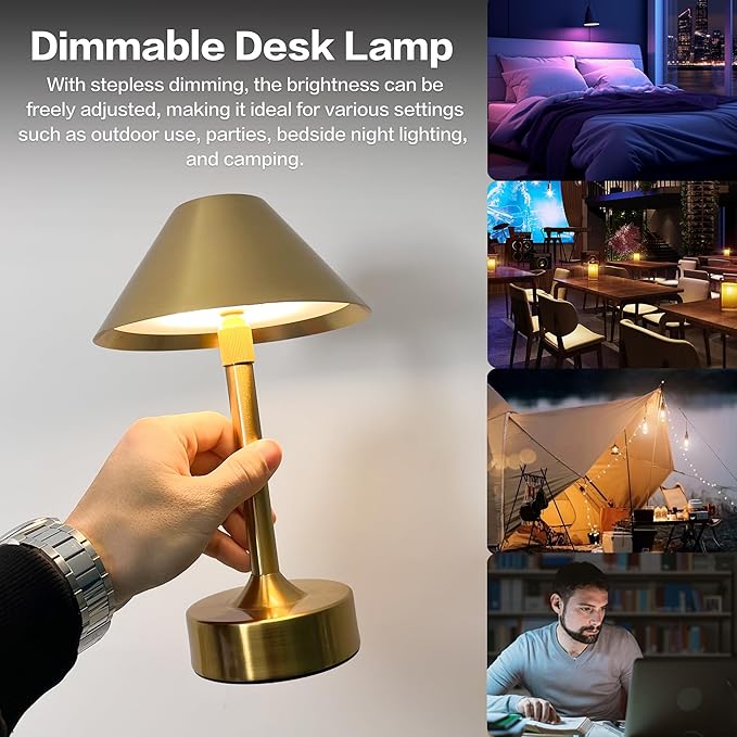 Cordless Table Lamp - Rechargeable Night Light with 2000mAh Battery, Touch Control, Dimmable White/Warm/Neutral Light, Adjustable Height, USB Charging, Ambient LED Bedside Lamp (Gold)