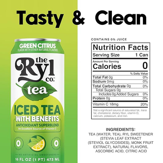 Ryl Iced Tea, Green Citrus Tea, Antioxidant Superblend, Zero Sugar, Low Carb, Zero Calorie - 16.0 Fl Oz (12-Pack)