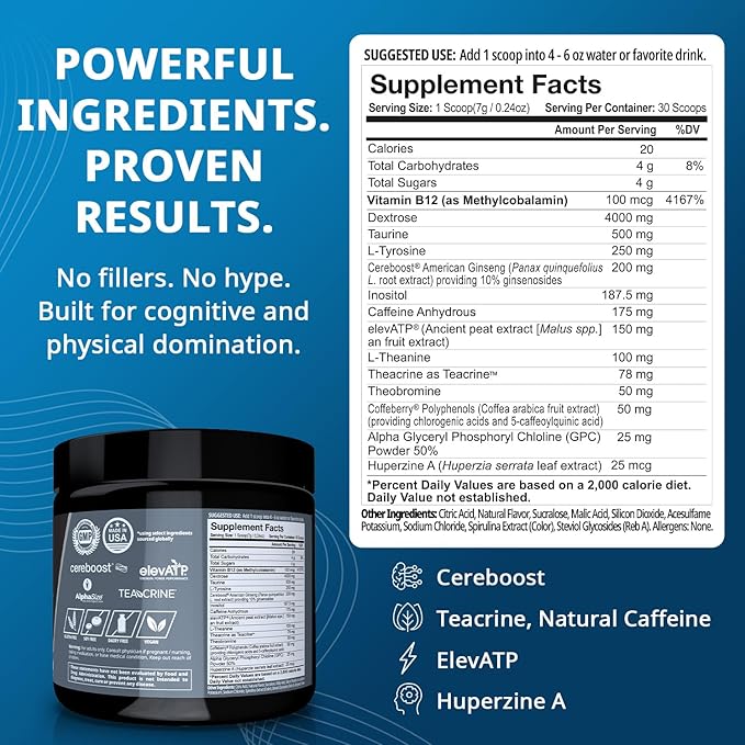 Granite Nutrition GigaBrain Nootropic Energy Powder – Cereboost, Alpha-GPC & ElevATP – Cognitive Focus Supplement for Sustained Energy & Performance – Blue Crush, 30 Servings