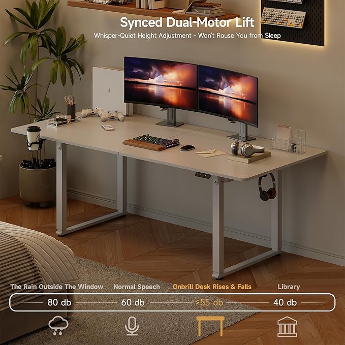 71x32 Inch Adjustable Standing Desk with 4 Legs, Stand-up Desk Features a Spacious Rectangular Top, Dual-Motor Lift, and Memory Presets (28-46Inch) for Home Offices or Computer Workstations, White