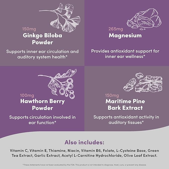 Hearing Peak - Tinnitus Supplements - Ear Health Supplements for Ringing Ears with Magnesium, Ginkgo Biloba, Green Tea Extract, Niacin, Acetyl L-Carnitine & More - Vegan, Gluten Free - 120 Capsules