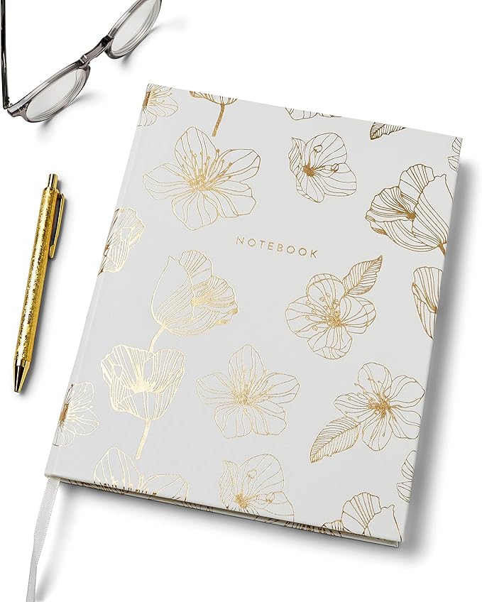 Eccolo Desk Size Hardcover Journal, 256 Lined Page Notebook with Gold Edge Paper, 8-x-10-inch, Gold Flower