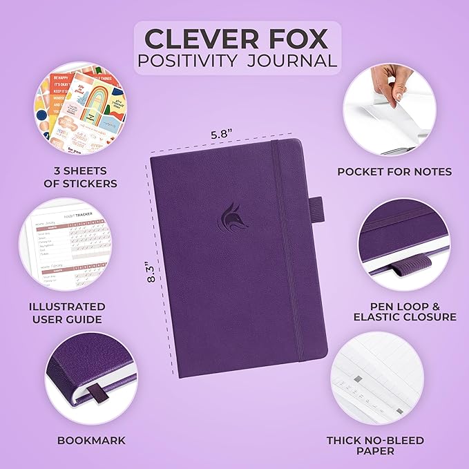 Clever Fox Positivity Journal – Daily Gratitude & Affirmation Journal with Prompts – Motivational Mental Health Journal for Women & Men with Habit Tracker – Lasts 6 Months, A5 Size (Purple)