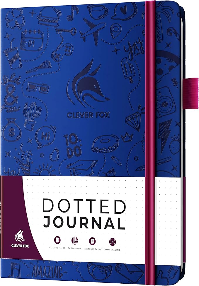 Clever Fox Dotted Journal 2.0 – Compact Planning and Sketching Dot Grid Notebook 120 GSM Thick, No-Bleed Paper – Planner with Pen Loop, Pocket, Ribbons, Stickers A5 - Navy Blue