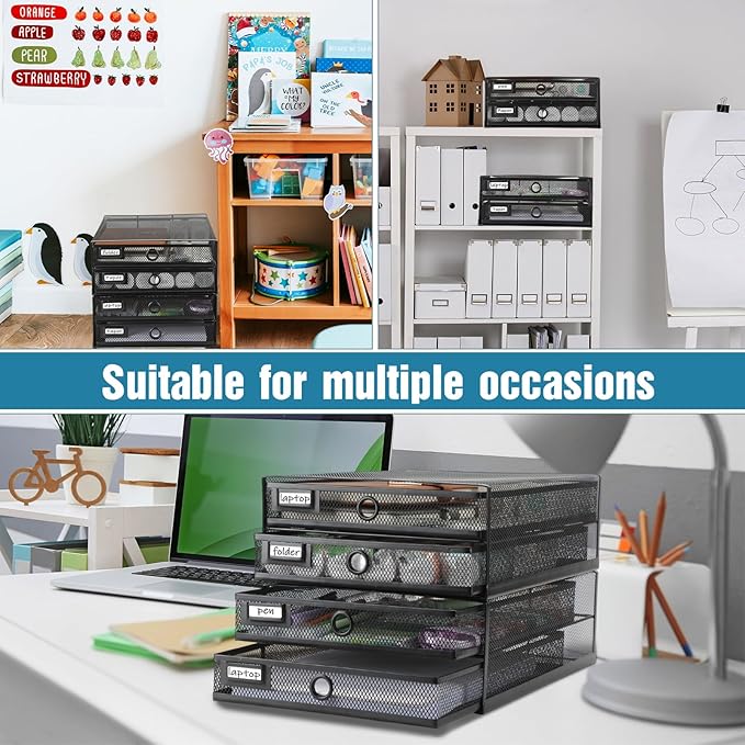 Zhanmai 2 Pack Desk Organizer with Drawer Total 4 Tiers, Wire Mesh Organizers Tray Multifunctional Paper Sorter File Stand for Home Office Supplies Storage Letter A4 Paper Office Accessories (Black)