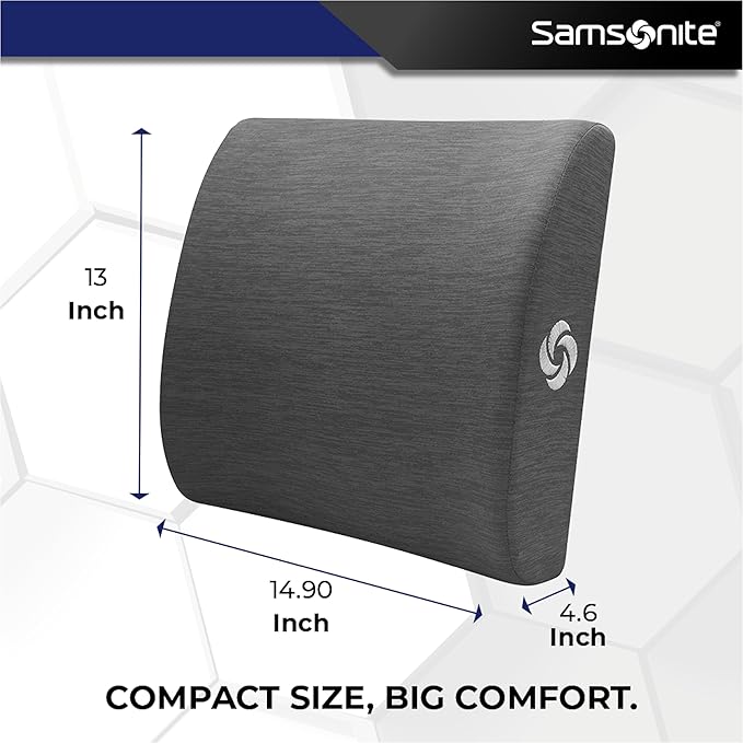 Samsonite Ergonomic Lumbar Support Pillow for Office Chair and Car Seat - Memory Foam Back Support Lumbar Pillow Premium Cushion Chair Support for Lower Back Pain Relief and Versatile Use (Slate Grey)
