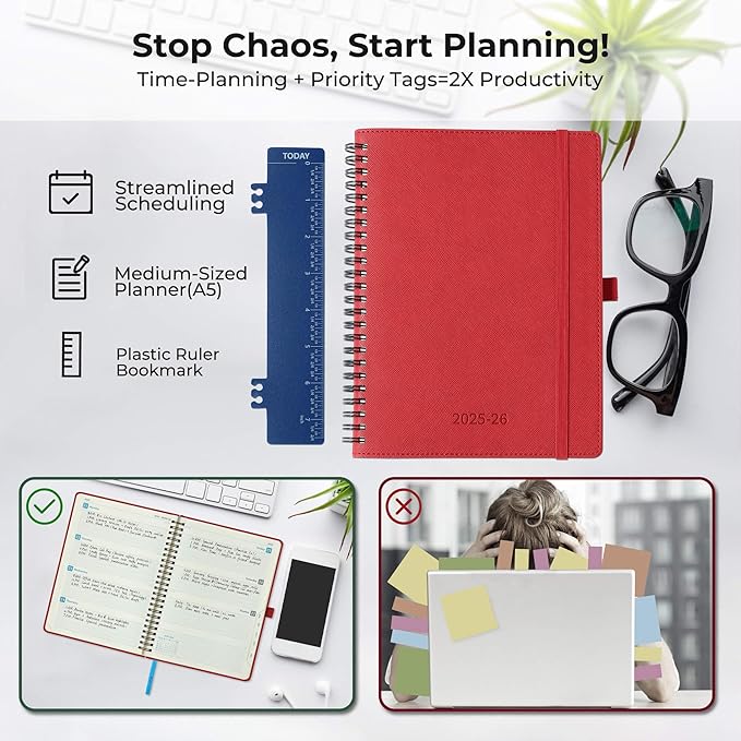 Planner 2025-2026 Daily Weekly and Monthly,11.5"x8.5",18 Months Spiral Bound Calendar Agenda with Self-adhesive Pen Holder,2026 Academic Plan with Vegan Leather Soft Cover,Red