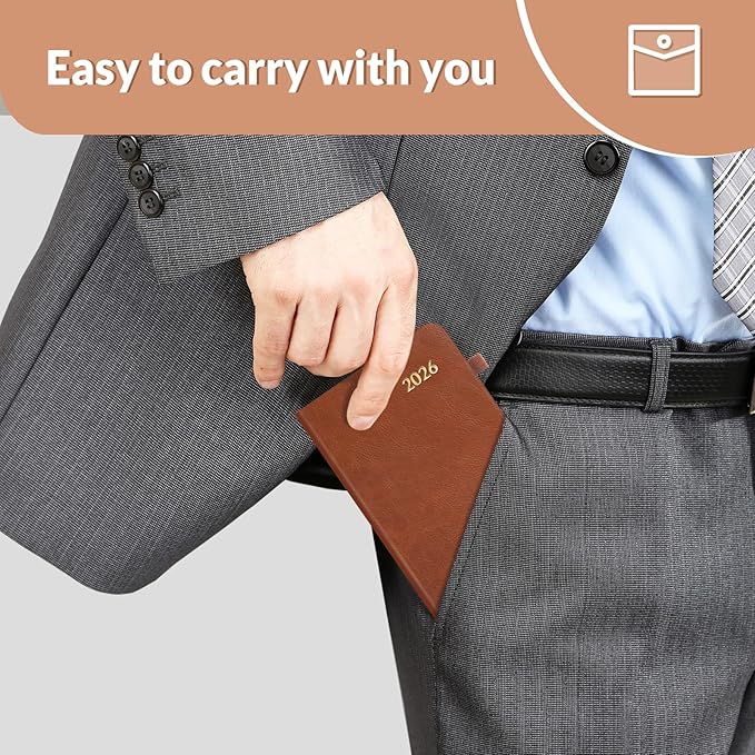 SUNEE 2026 Pocket Weekly Planner for Purse 3.5" x 6" - 12 Month (January 2026 - December 2026), Small Size Planner, Hardcover, Note, Brown