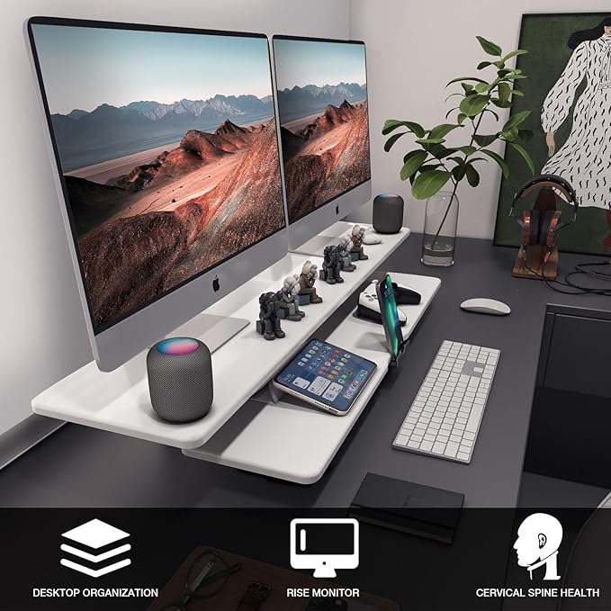 Dual Monitor Stand, 2-Tier Wood Monitor Riser with Storage Organizer and Cable Management, White