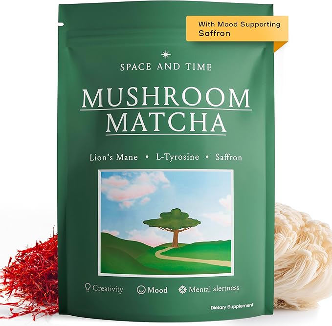 SPACE AND TIME Create - Mushroom Matcha Tea - 20 Cups of Creativity, Energy & Enhanced Mood - Organic Matcha Powder with Lions Mane, L-Theanine & Saffron