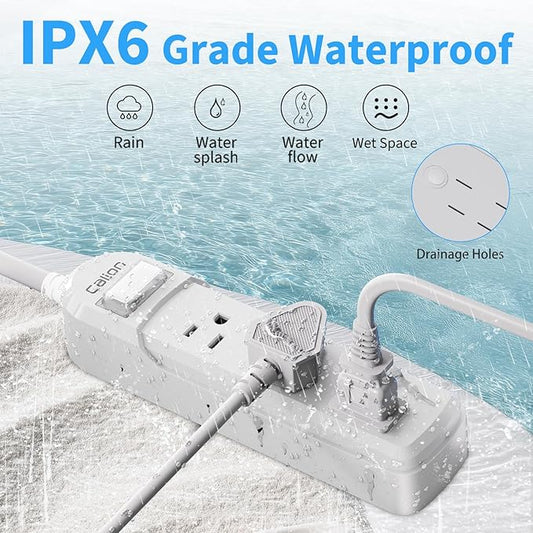 Outdoor Power Strip Weatherproof, IPX6 Waterproof 6.6ft SJT Extension Cord with 3 Widely Outlets Overload Protection Shockproof, Christmas Light Flat Plug Extension Cord Outdoor Indoor